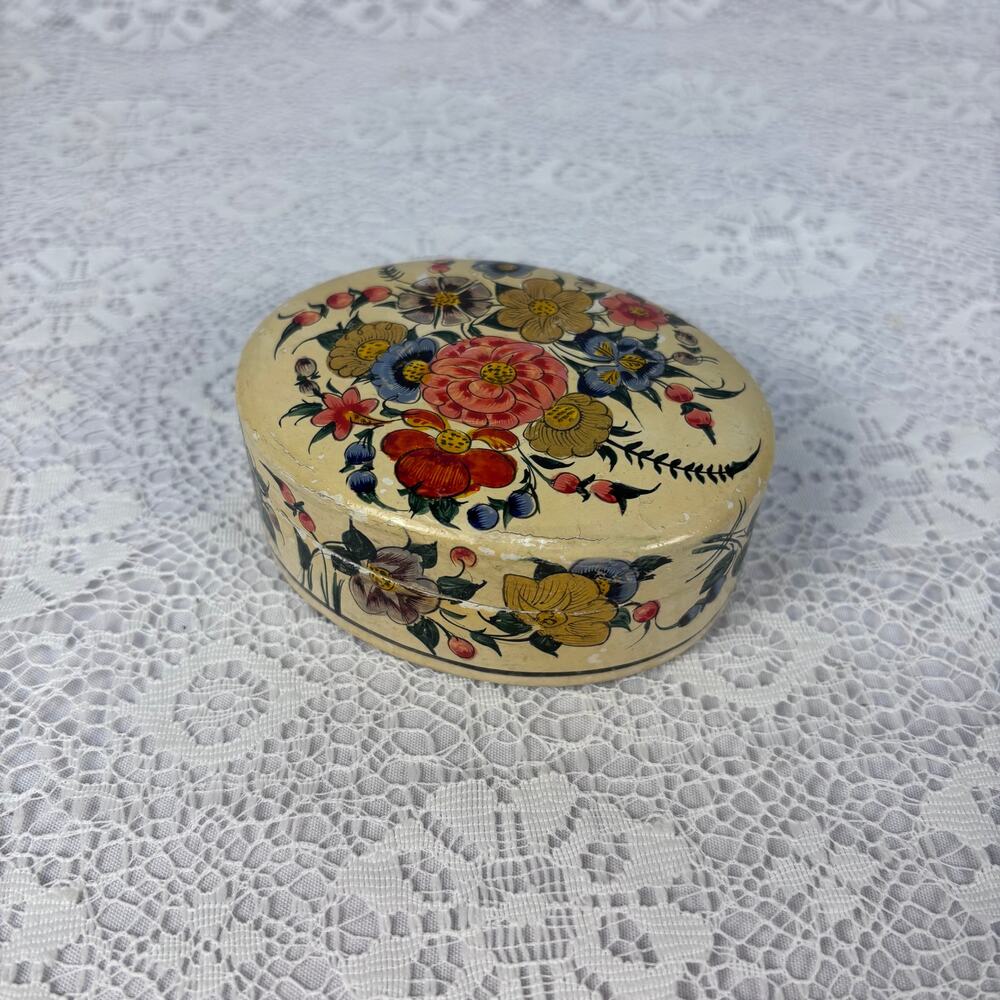 Vintage Hand Painted Kashmiri Papier-Mâché Floral Trinket Box